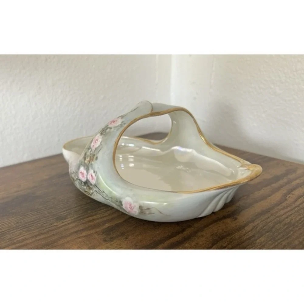 Antique French Limoges Handled Porcelain‎ Basket Hand Painted Floral & Gold